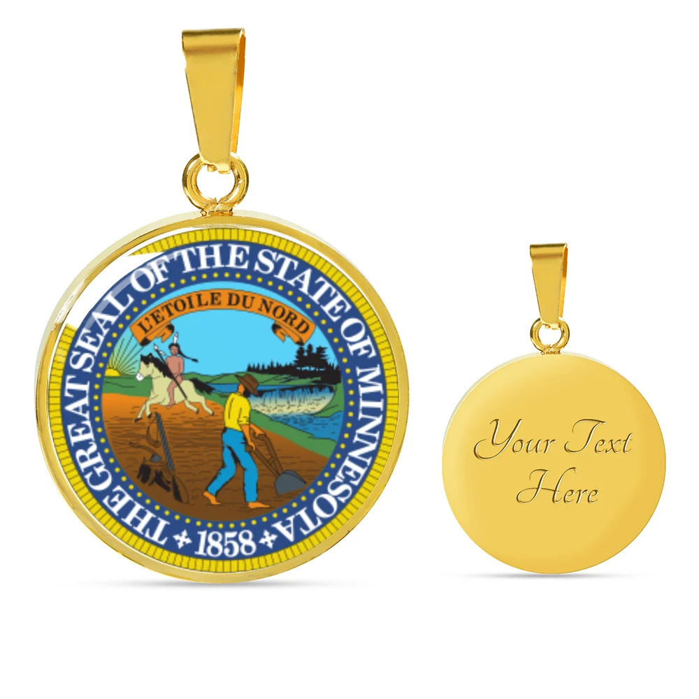 Minnesota State Seal Personalized Engraved Gold Circle Necklace Custom Name Dat